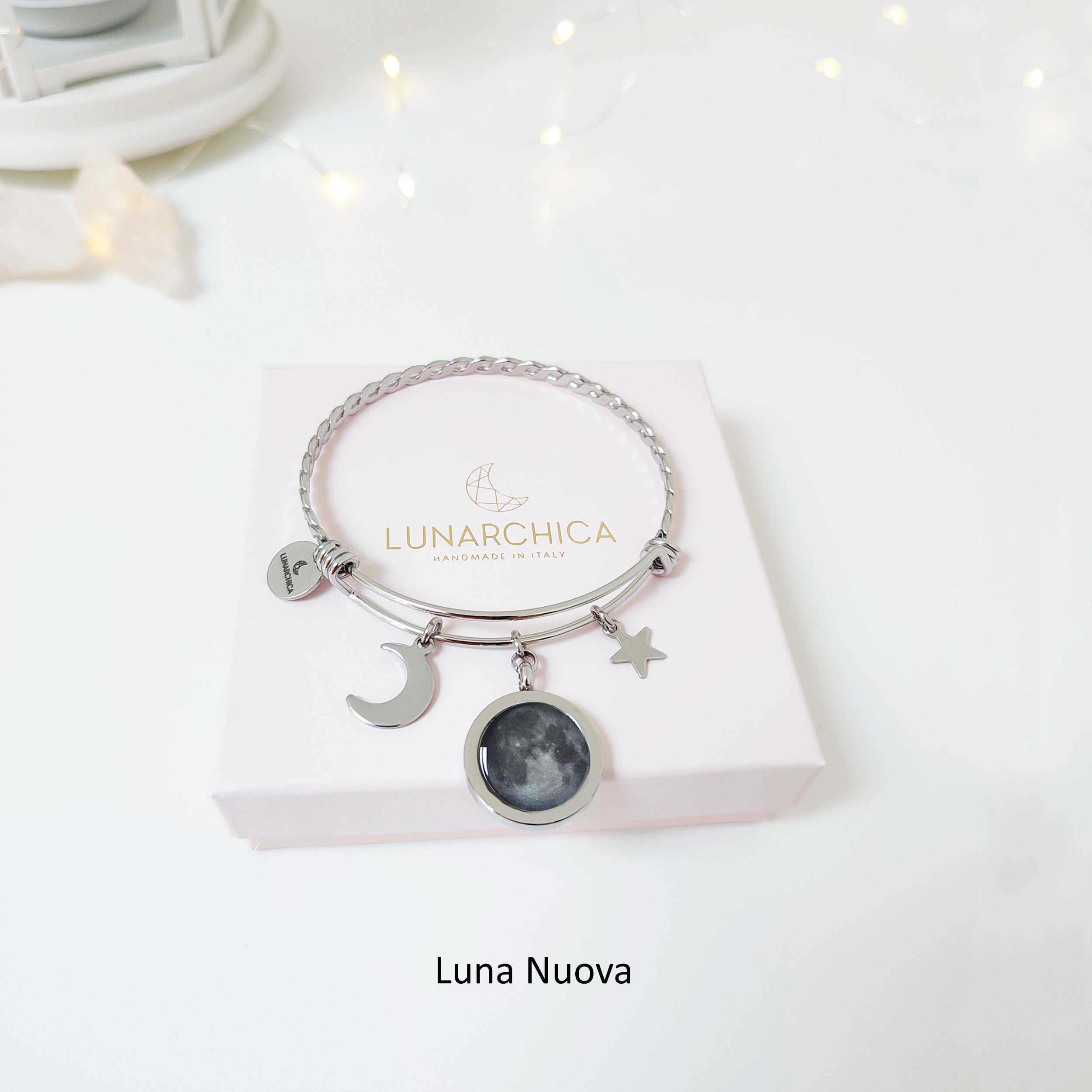Bracciale intrecciato rigido con Luna e Charms acciaio inossidabile