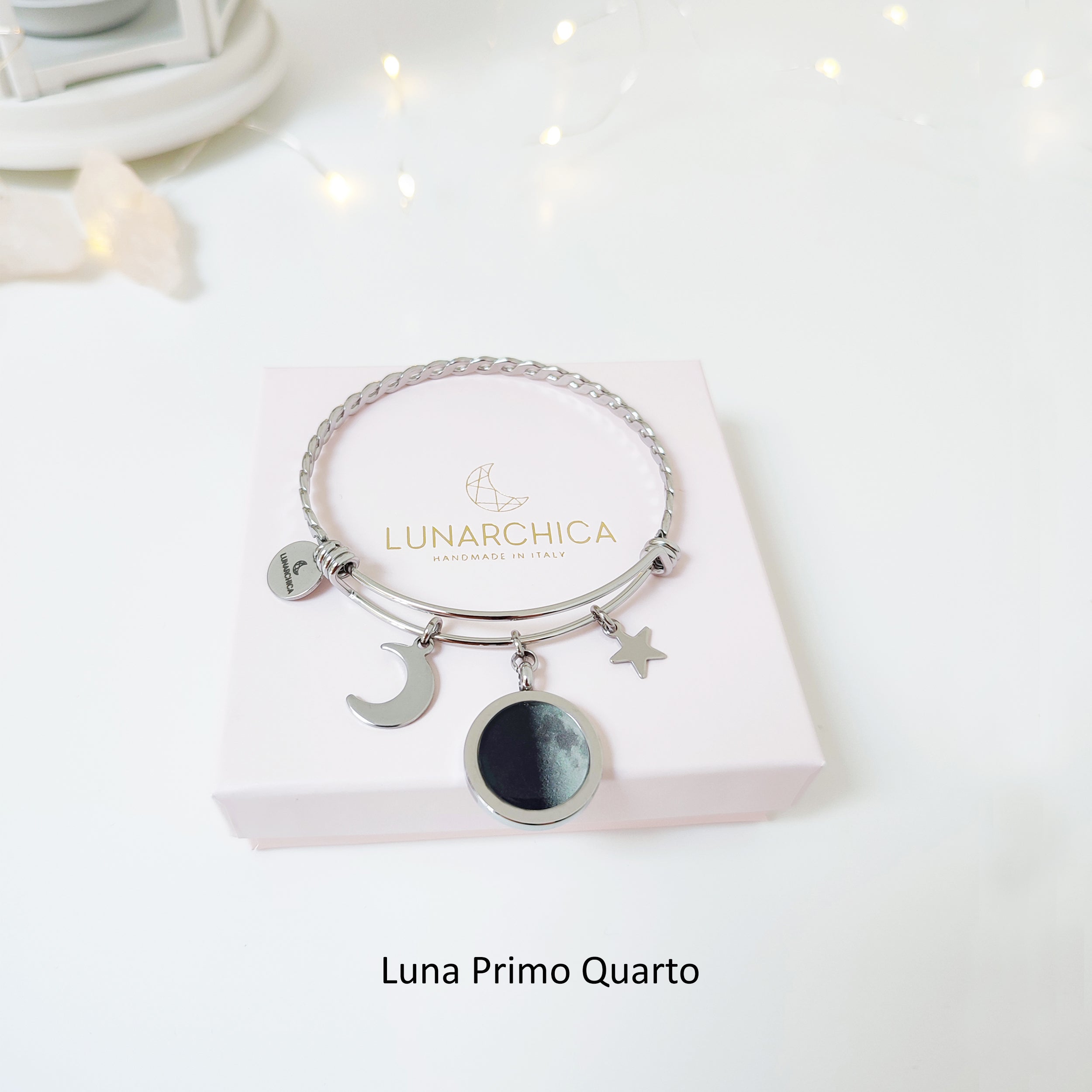Bracciale intrecciato rigido con Luna e Charms acciaio inossidabile