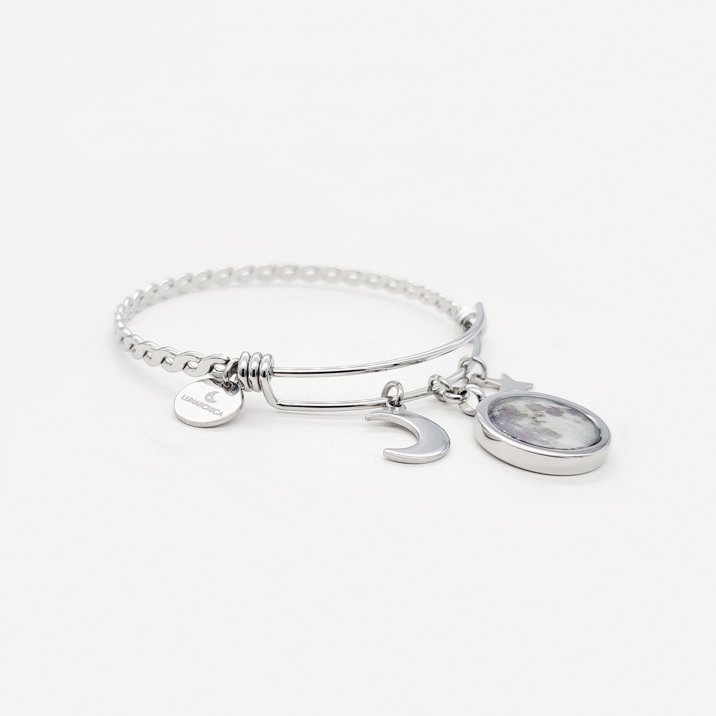Bracciale intrecciato rigido con Luna e Charms acciaio inossidabile