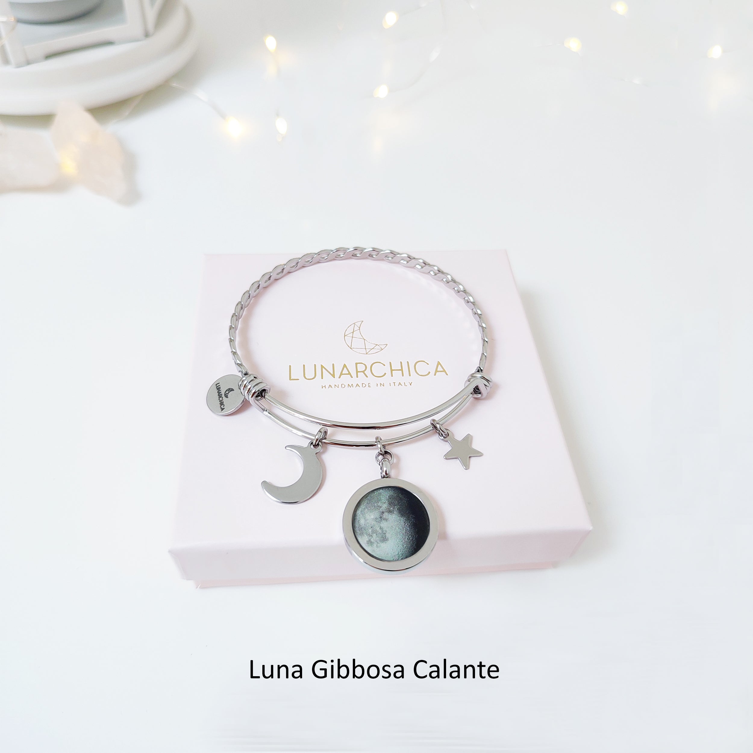 Bracciale intrecciato rigido con Luna e Charms acciaio inossidabile