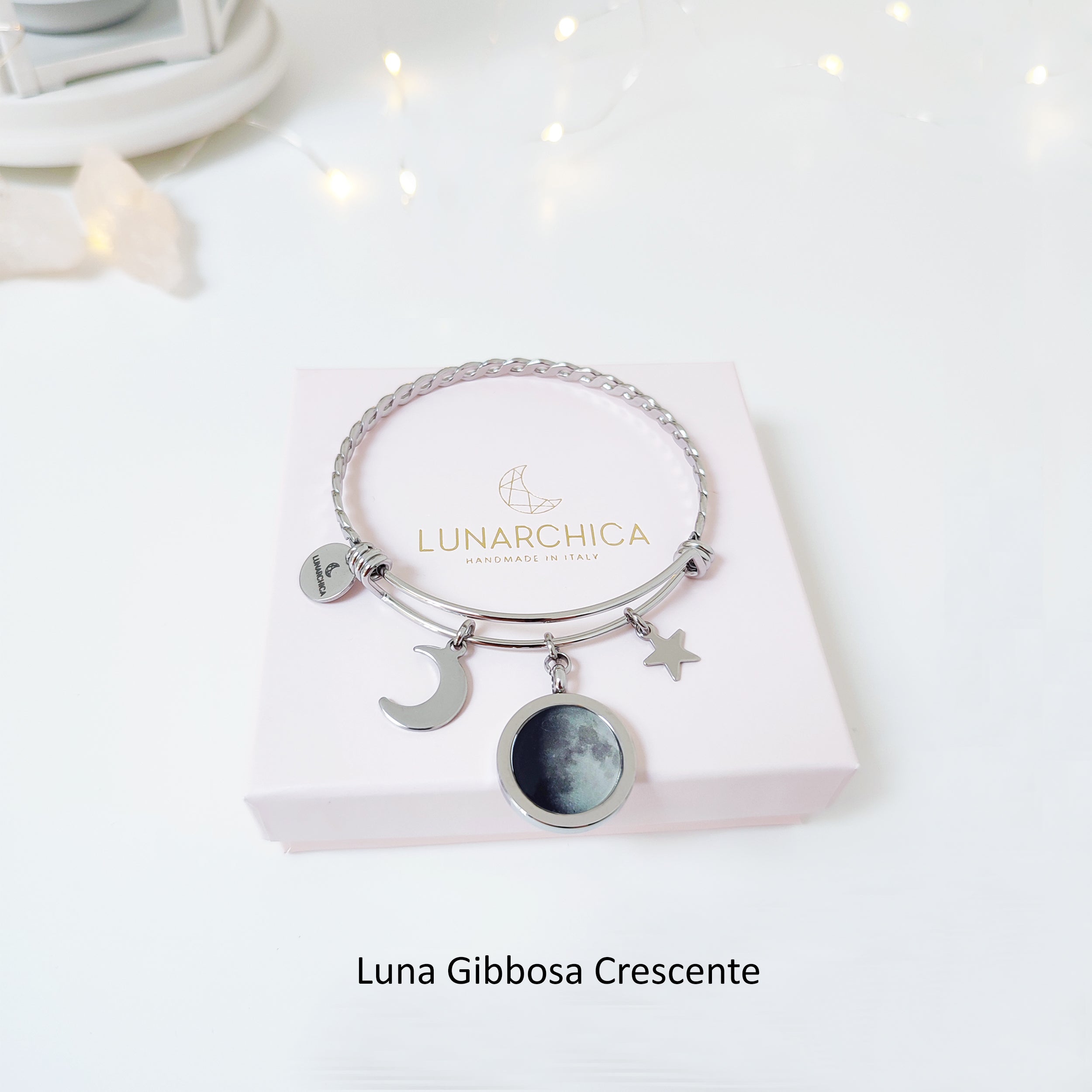 Bracciale intrecciato rigido con Luna e Charms acciaio inossidabile