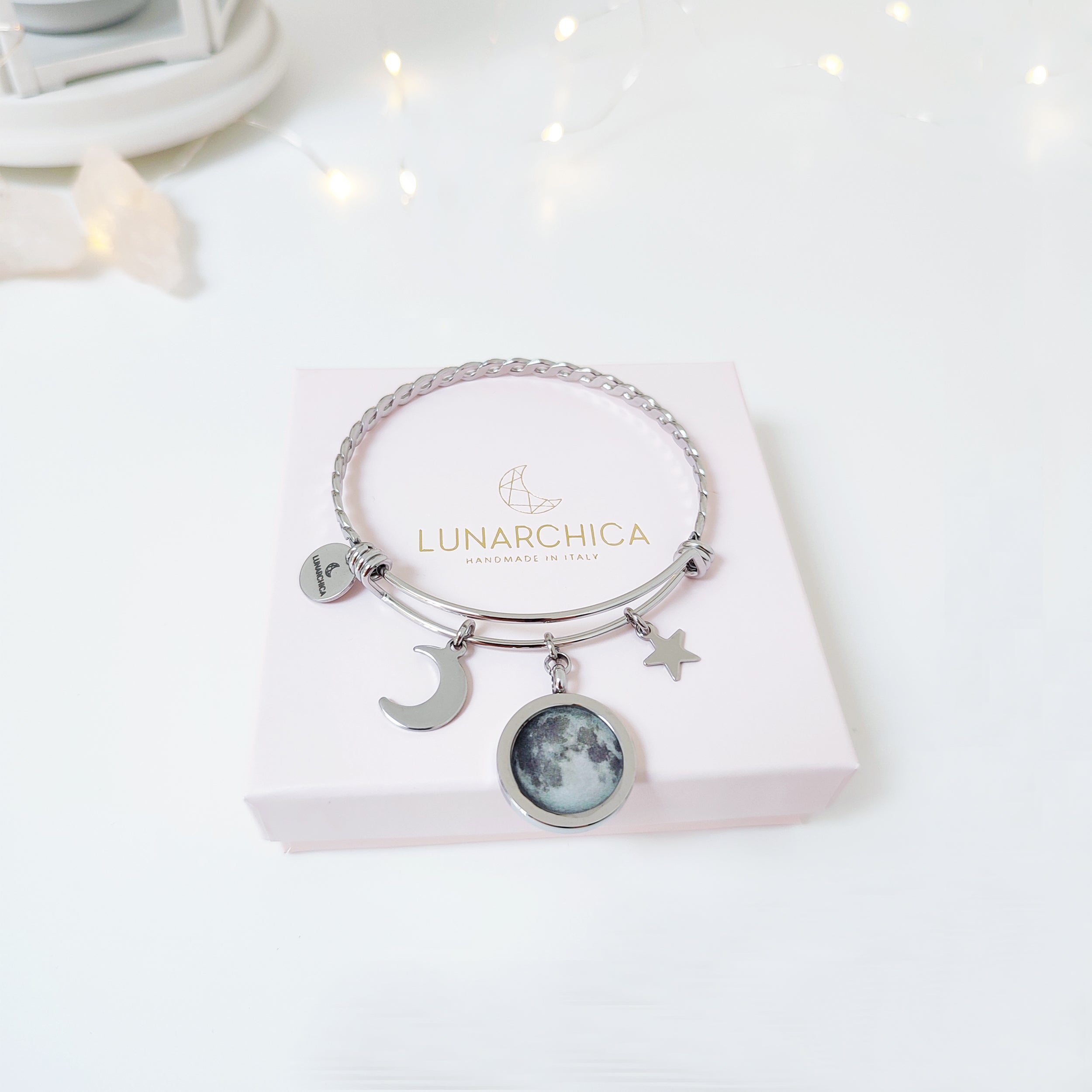 Bracciale intrecciato rigido con Luna e Charms acciaio inossidabile
