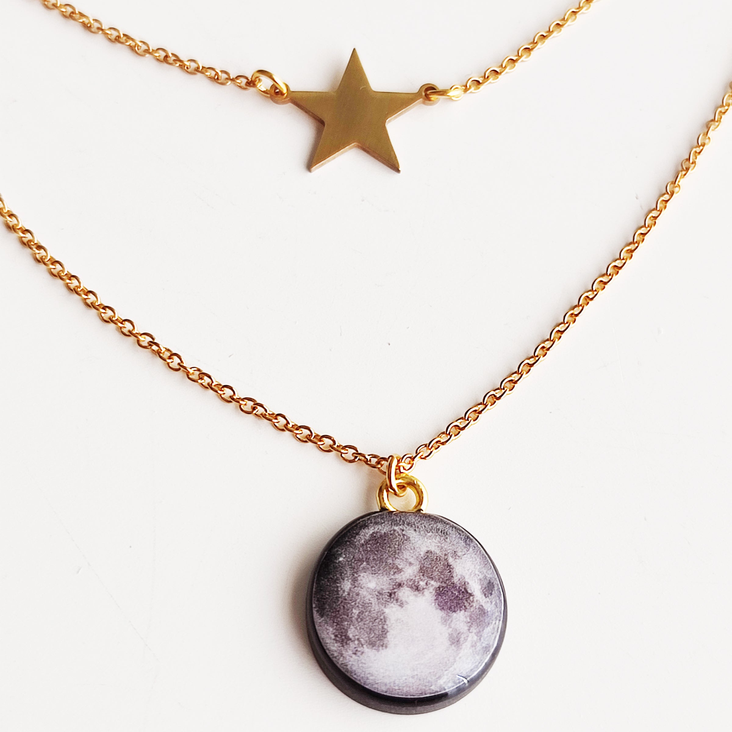 Collana in acciaio inox con Stella e Luna in argilla Polimerica