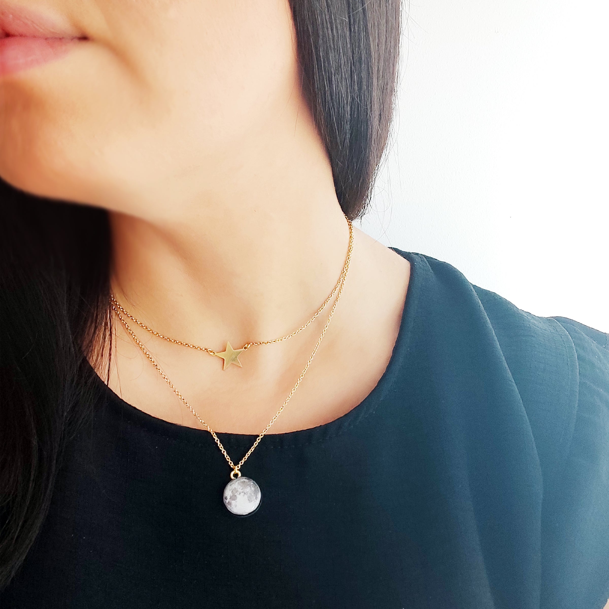 Collana in acciaio inox con Stella e Luna in argilla Polimerica