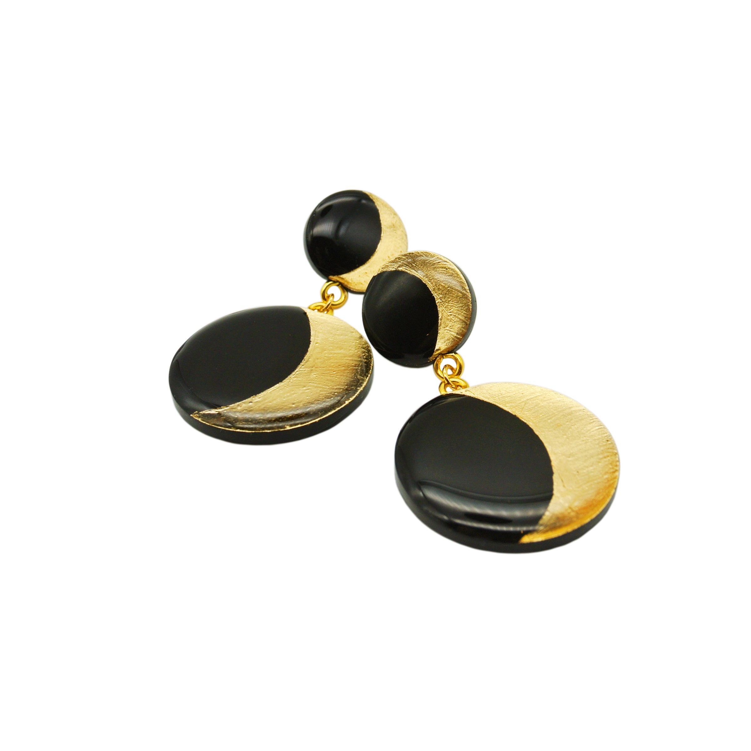 Orecchini in argento placcato oro 18K con doppia Luna in Argilla nera e Foglia oro