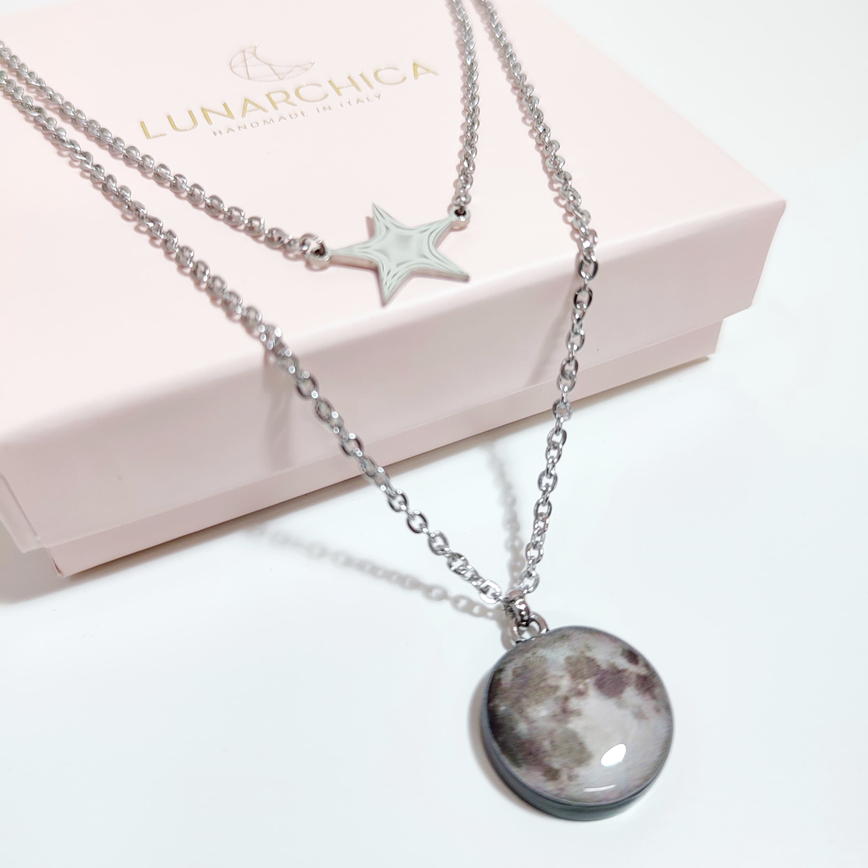 Collana in acciaio inox con Stella e Luna in argilla Polimerica