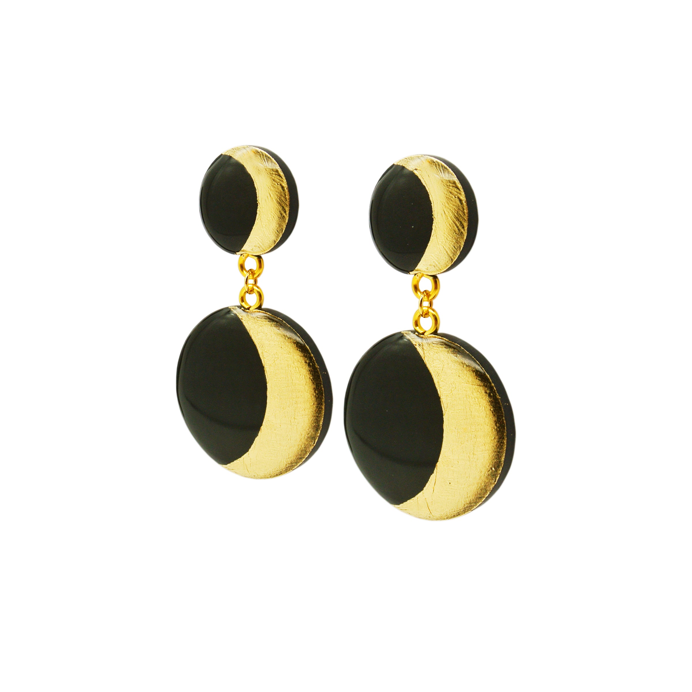 Orecchini in argento placcato oro 18K con doppia Luna in Argilla nera e Foglia oro
