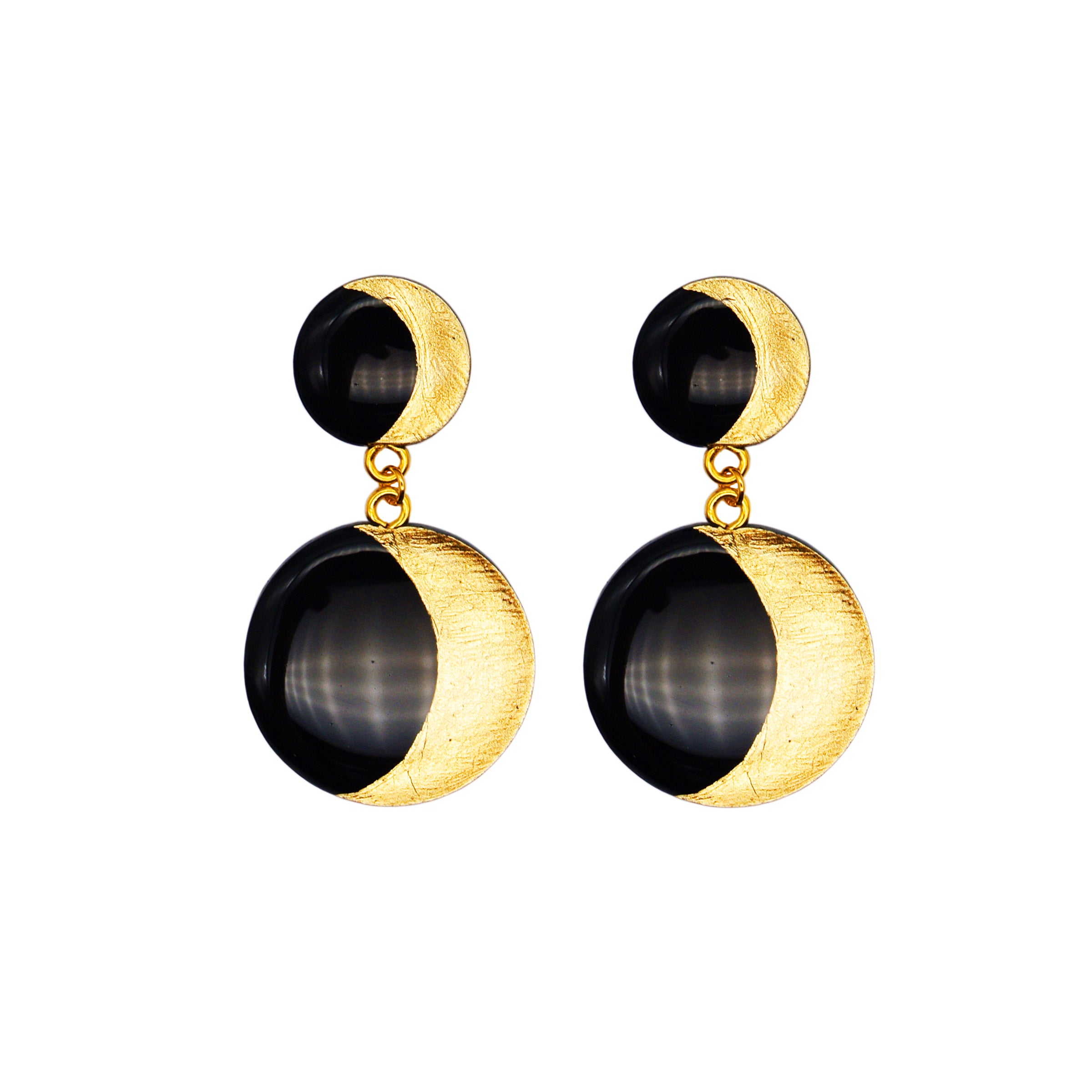 Orecchini in argento placcato oro 18K con doppia Luna in Argilla nera e Foglia oro