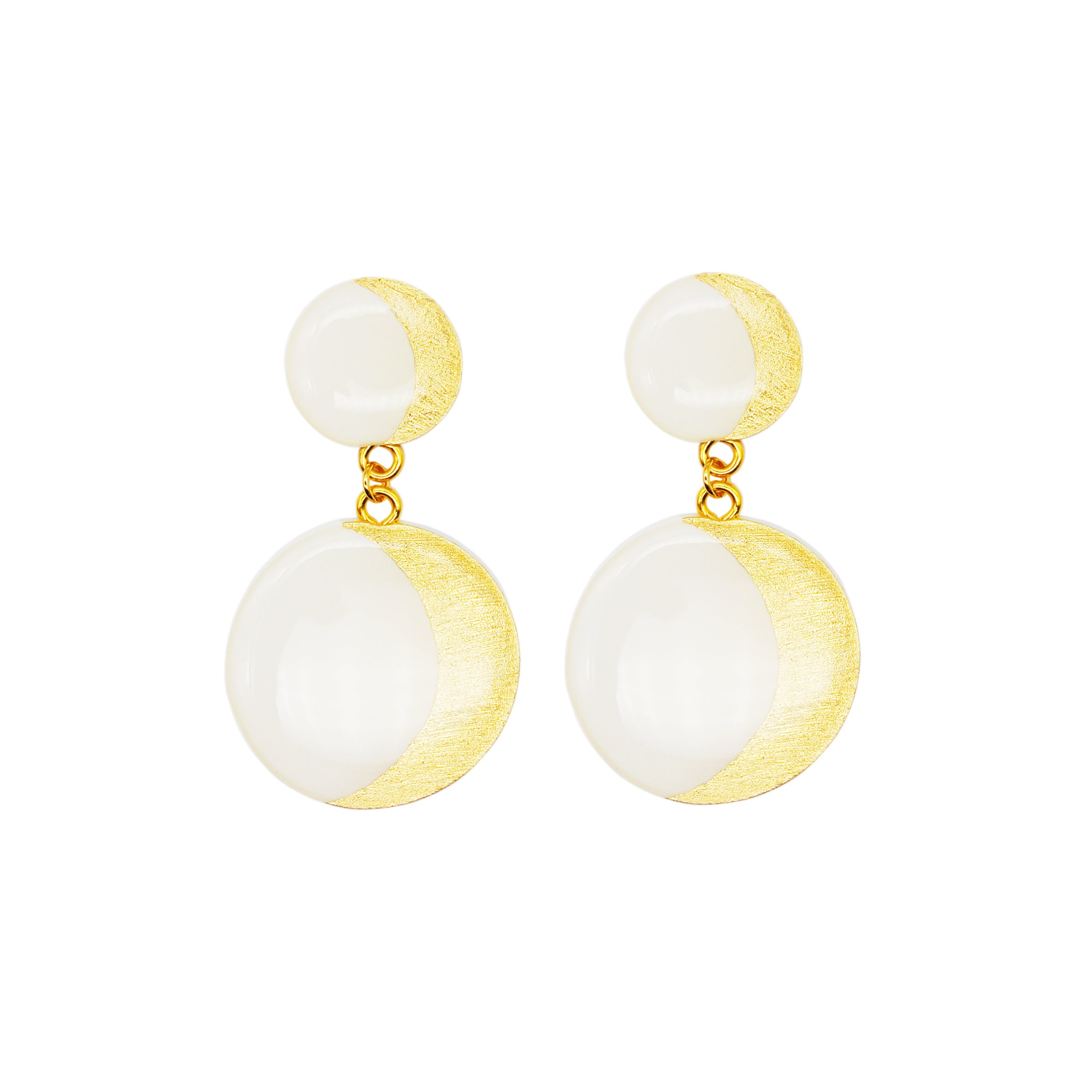 Orecchini in argento placcato oro 18K con doppia Luna in Argilla bianca e Foglia oro