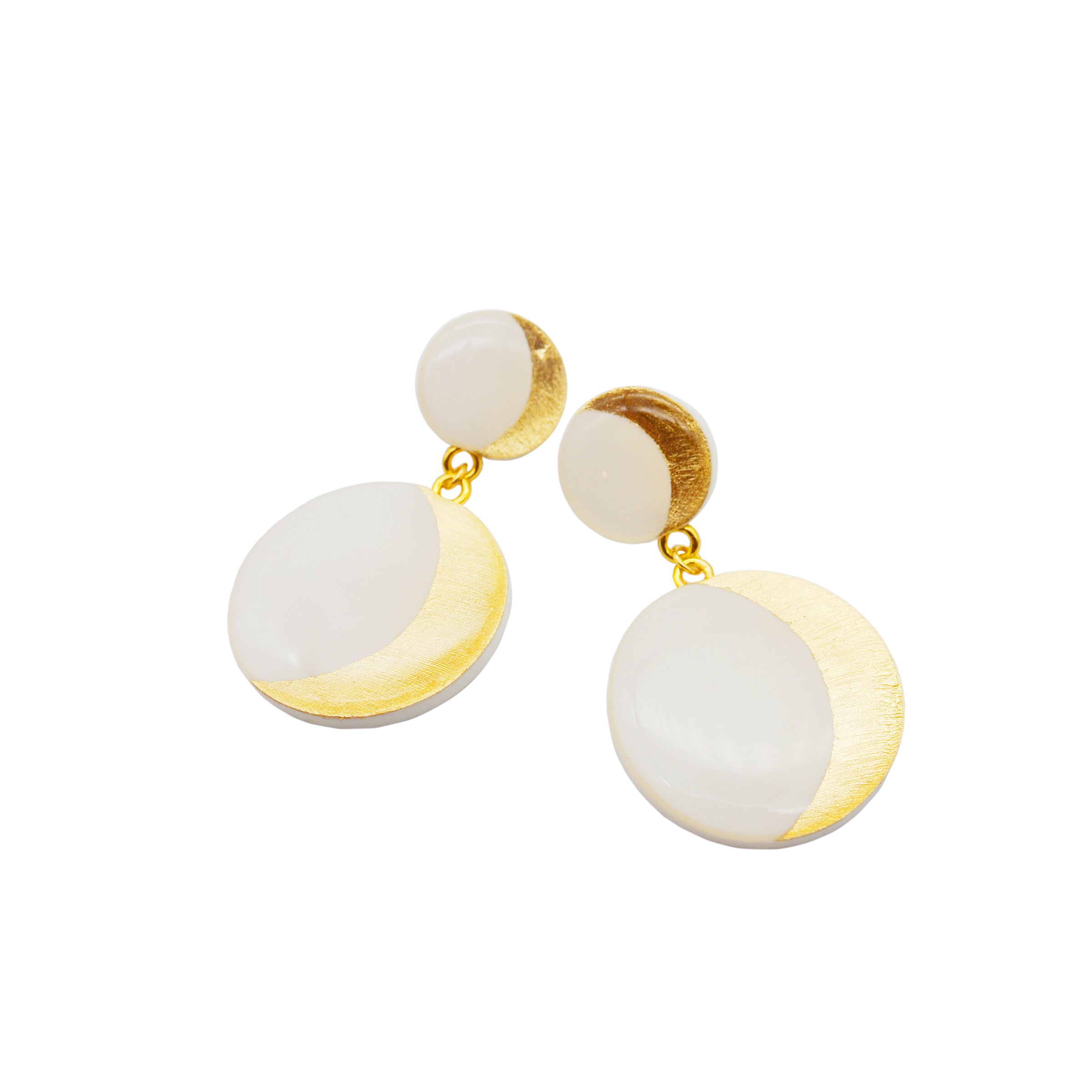 Orecchini in argento placcato oro 18K con doppia Luna in Argilla bianca e Foglia oro