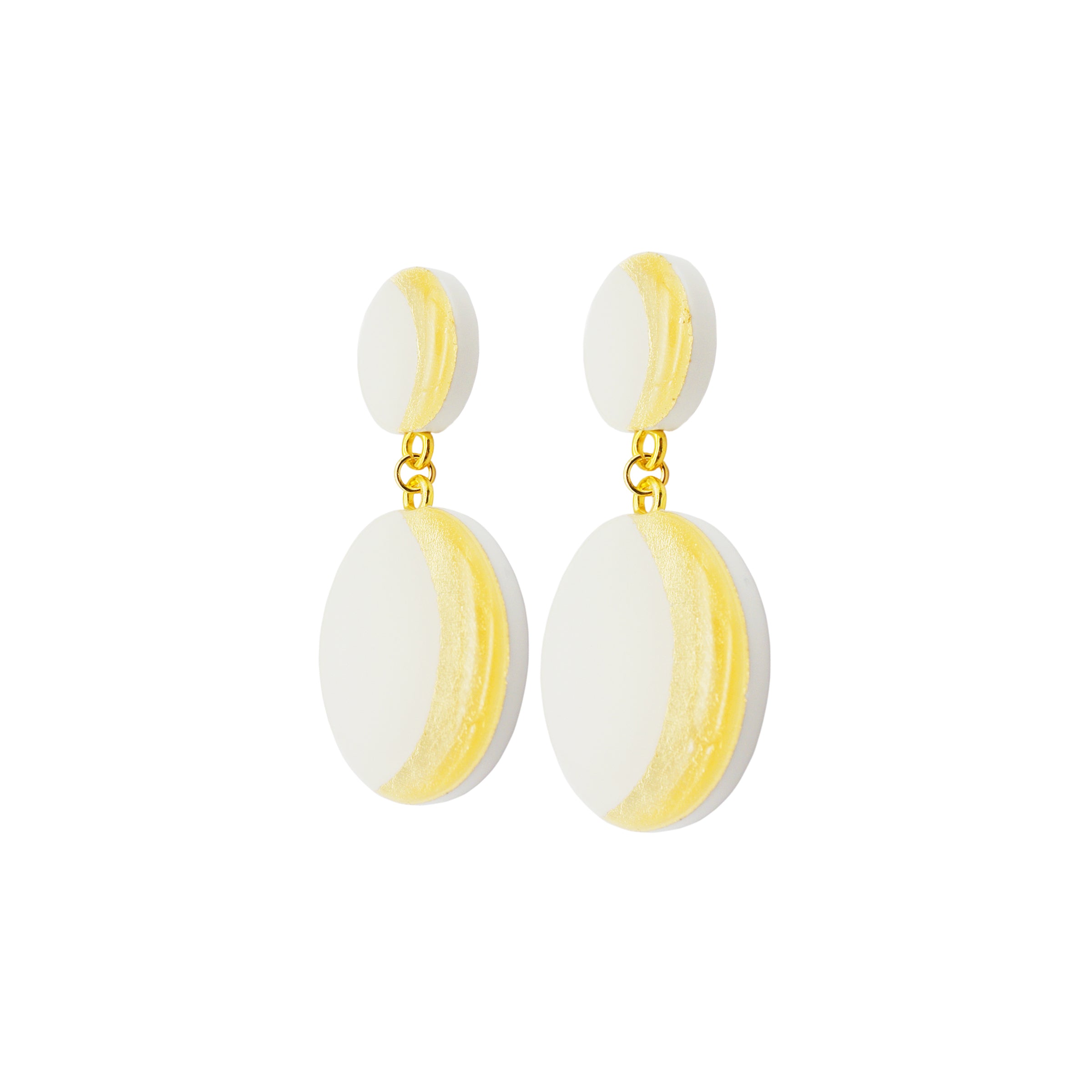 Orecchini in argento placcato oro 18K con doppia Luna in Argilla bianca e Foglia oro